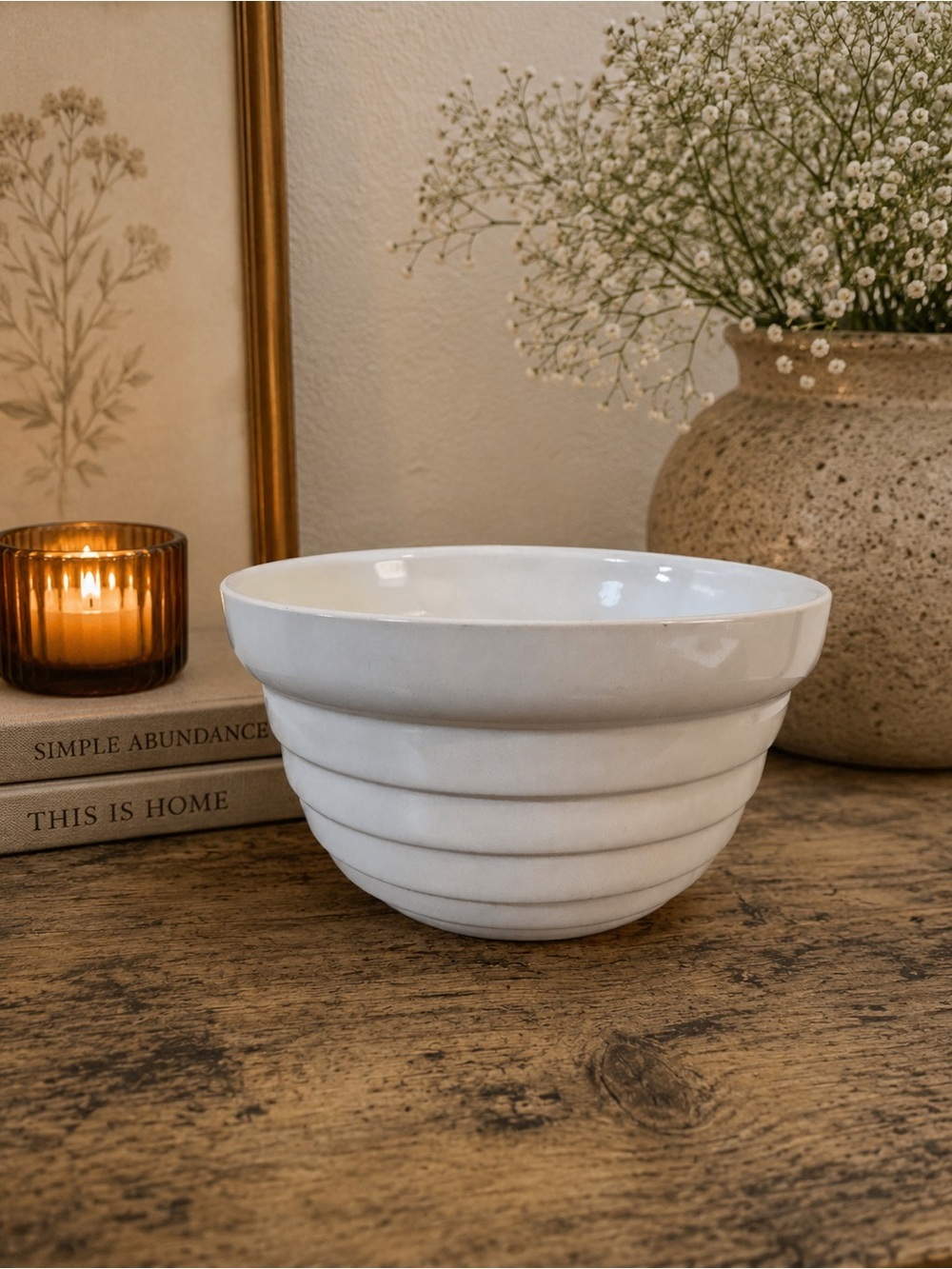 Large Vintage White Ribbed Ceramic Bowl